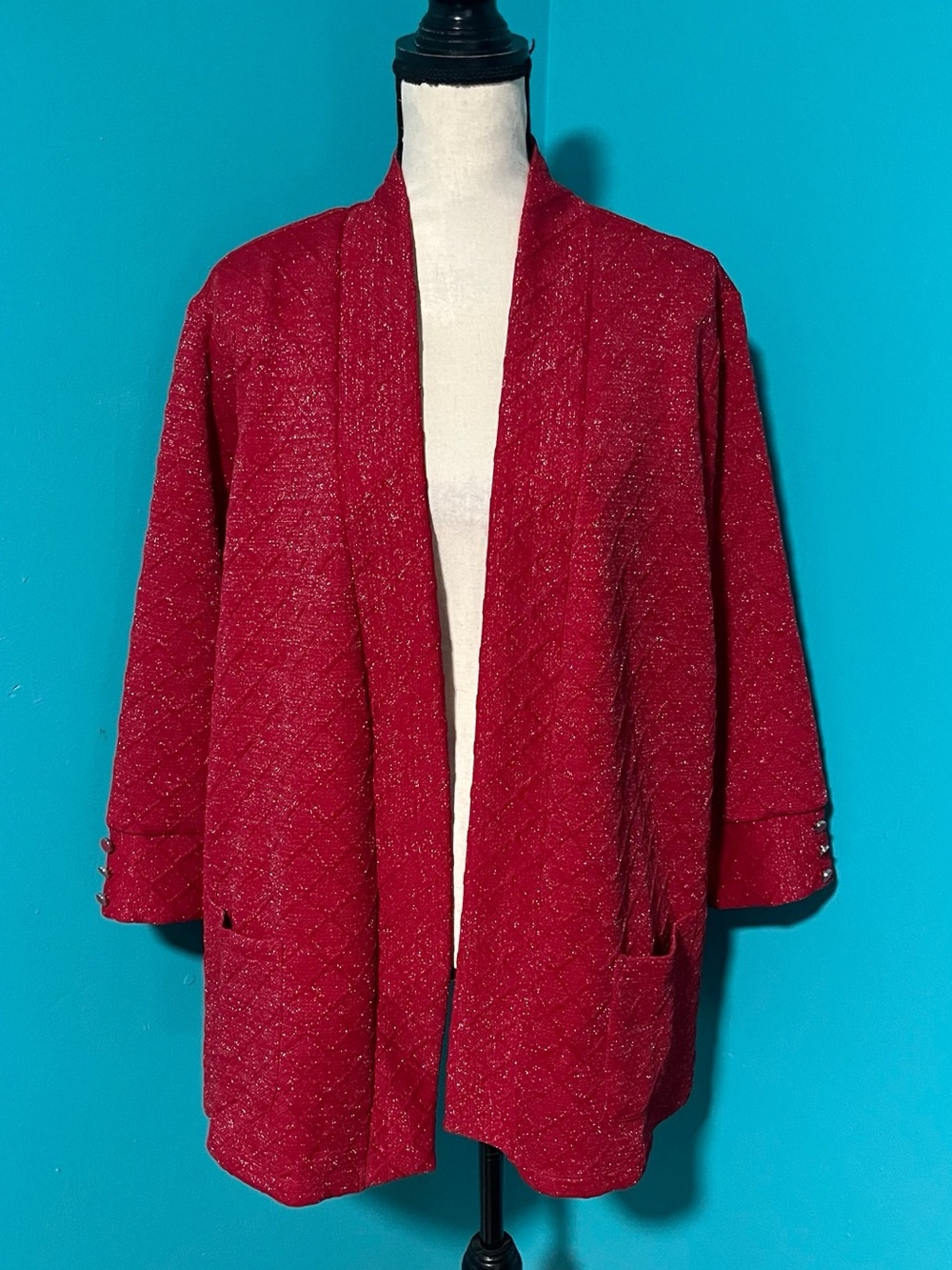 NWT Allison Daley 1X Red Shimmer 3/4 Sleeve Open Front Cardigan Jacket